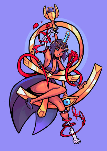 Colorful illustration of a character with warrior-like attributes on a purple background