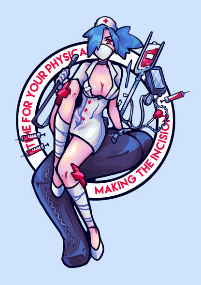 Illustration of a nurse character with medical tools on a light blue background