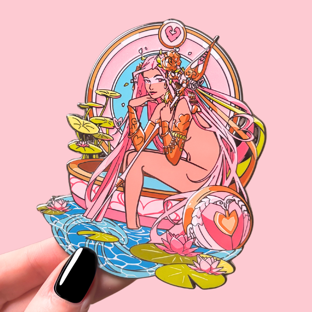 Colorful enamel pin of a woman with pink hair and a heart symbol on a pink background