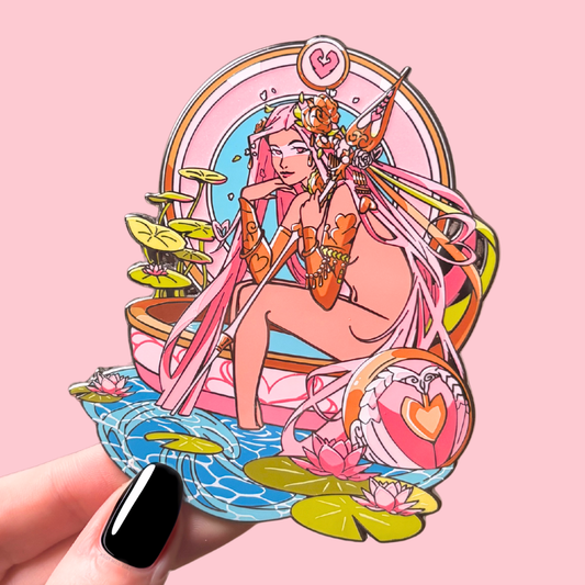 Colorful enamel pin of a woman with pink hair and a heart symbol on a pink background