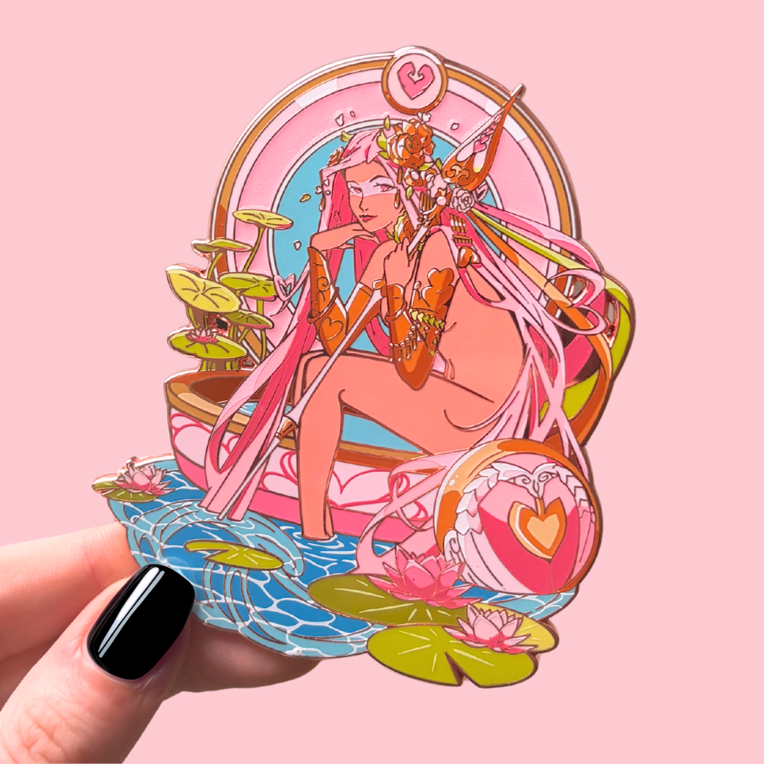 Colorful enamel pin of a woman with pink hair and a heart symbol on a pink background