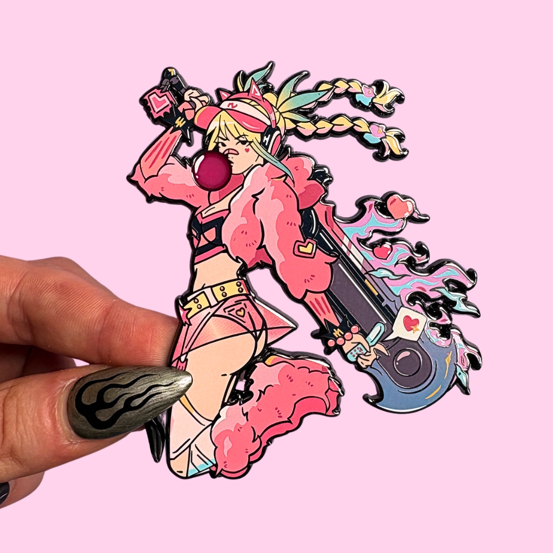 Enamel pin of girl with big sword on pink background