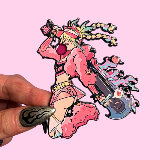 Enamel pin of girl with big sword on pink background