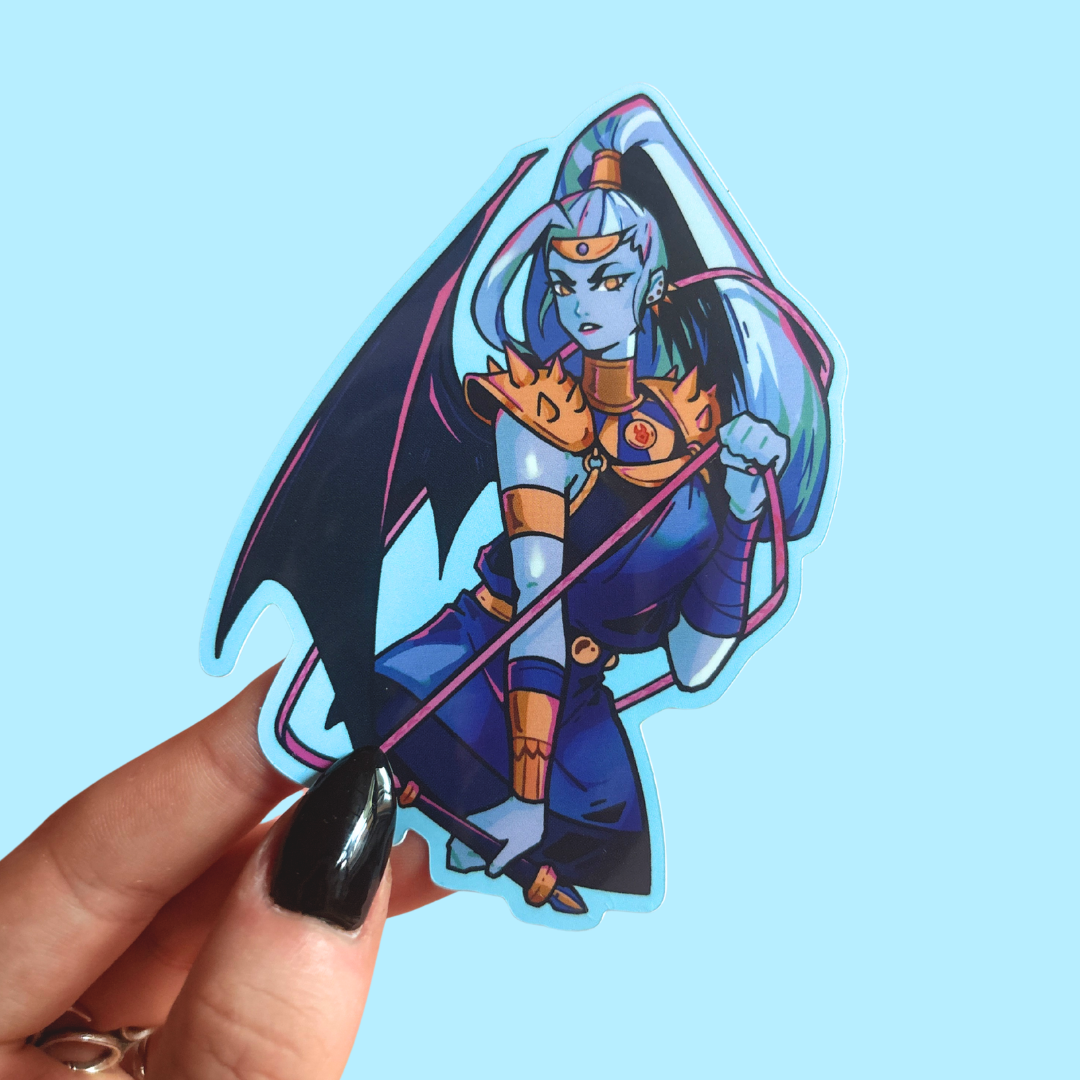 Sticker of a character with blue hair and armor held by a hand against a light blue background